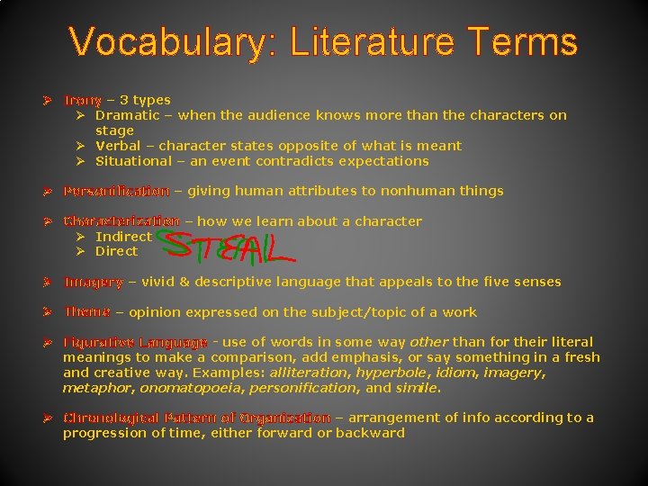 Vocabulary: Literature Terms Ø Irony – 3 types Ø Dramatic – when the audience