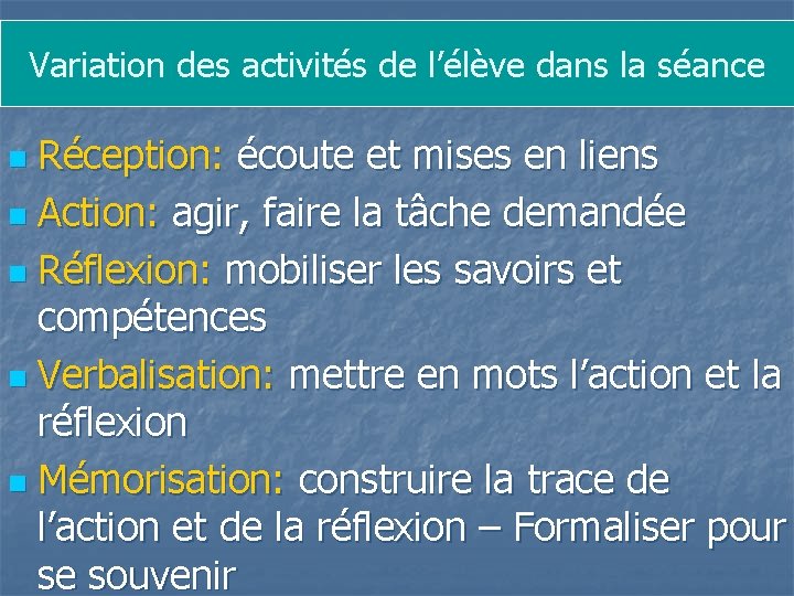 Variation des activités de l’élève dans la séance Réception: écoute et mises en liens