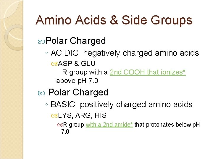 Amino Acids & Side Groups Polar Charged ◦ ACIDIC negatively charged amino acids ASP