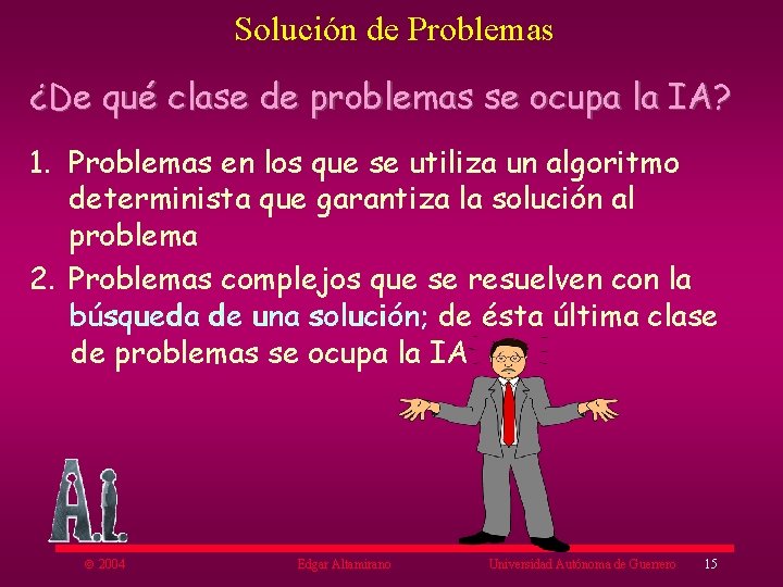 Solución de Problemas ¿De qué clase de problemas se ocupa la IA? 1. Problemas