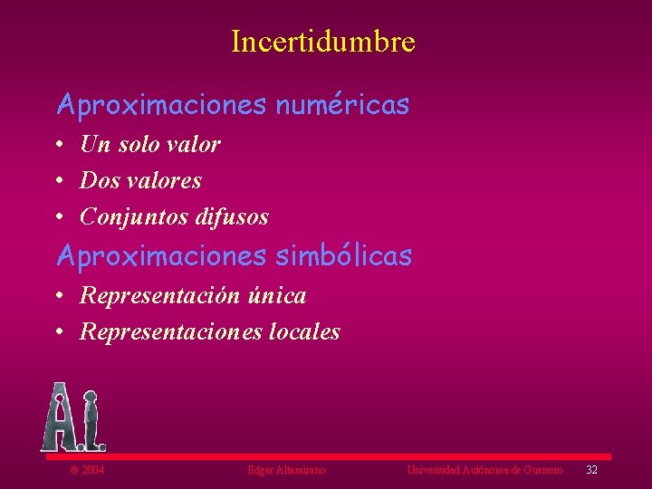 Incertidumbre Aproximaciones numéricas • Un solo valor • Dos valores • Conjuntos difusos Aproximaciones