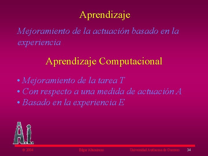 Aprendizaje Mejoramiento de la actuación basado en la experiencia Aprendizaje Computacional • Mejoramiento de