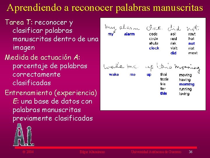 Aprendiendo a reconocer palabras manuscritas Tarea T: reconocer y clasificar palabras manuscritas dentro de