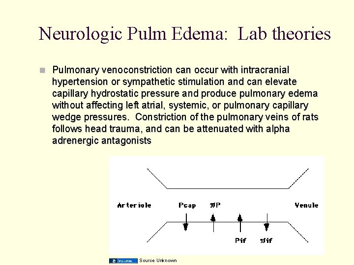 Neurologic Pulm Edema: Lab theories Pulmonary venoconstriction can occur with intracranial hypertension or sympathetic