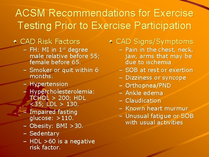 ACSM Recommendations for Exercise Testing Prior to Exercise Participation CAD Risk Factors – FH: