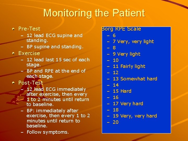 Monitoring the Patient Pre-Test – 12 lead ECG supine and standing. – BP supine