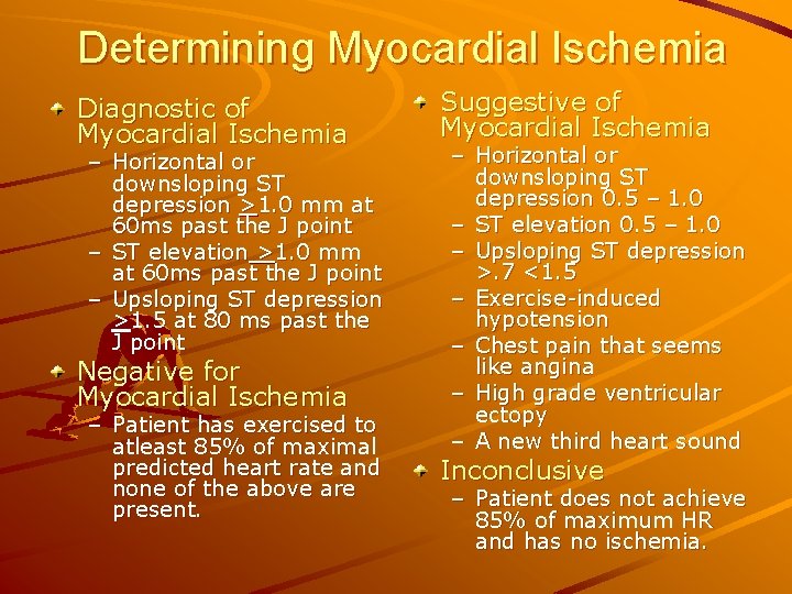 Determining Myocardial Ischemia Diagnostic of Myocardial Ischemia – Horizontal or downsloping ST depression >1.