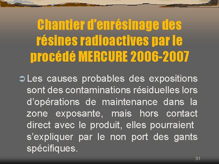 Chantier d’enrésinage des résines radioactives par le procédé MERCURE 2006 -2007 Ü Les causes