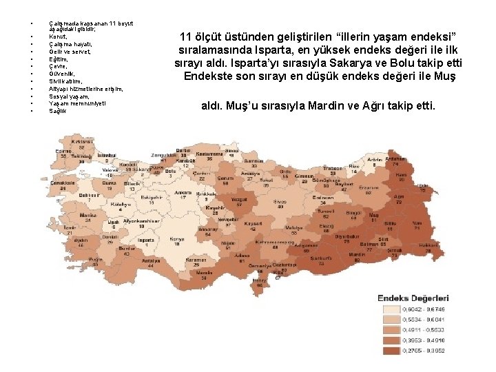  • • • Çalışmada kapsanan 11 boyut aşağıdaki gibidir; Konut, Çalışma hayatı, Gelir