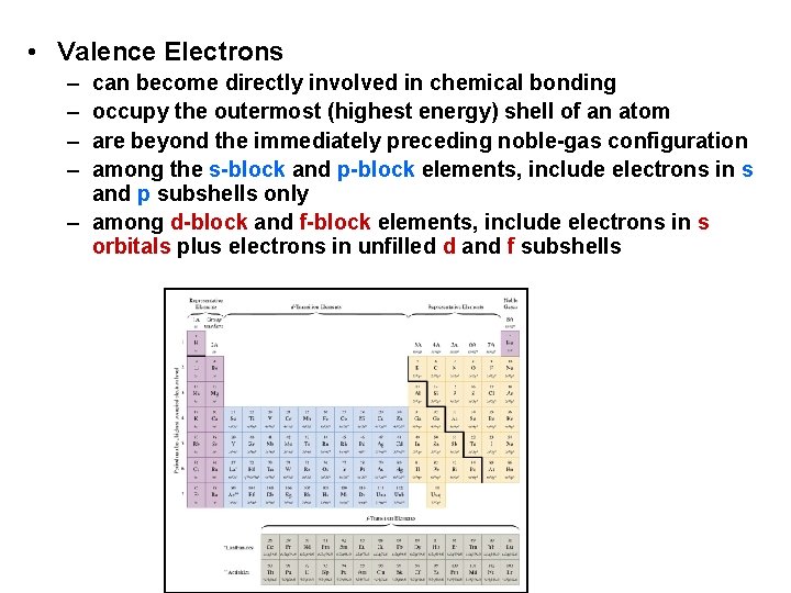  • Valence Electrons – – can become directly involved in chemical bonding occupy