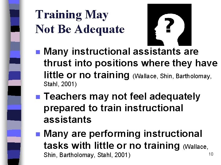 Training May Not Be Adequate n Many instructional assistants are thrust into positions where