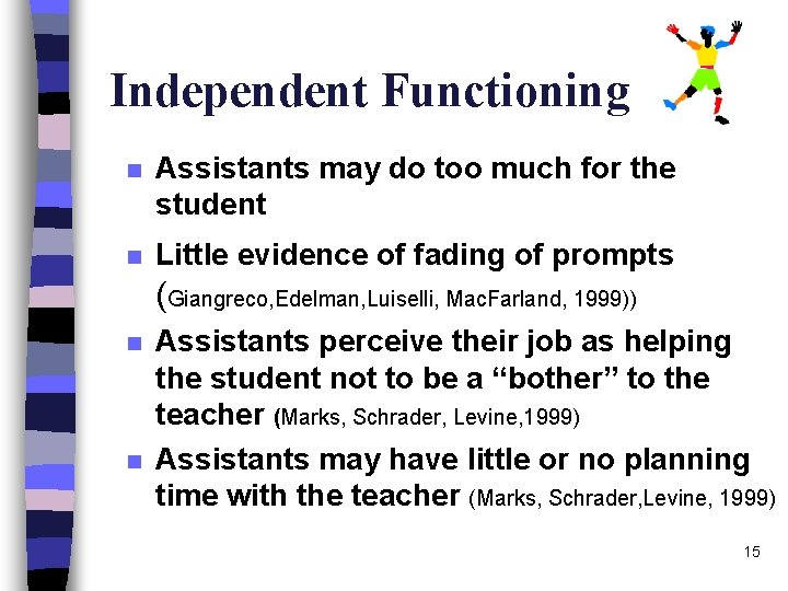 Independent Functioning n Assistants may do too much for the student n Little evidence