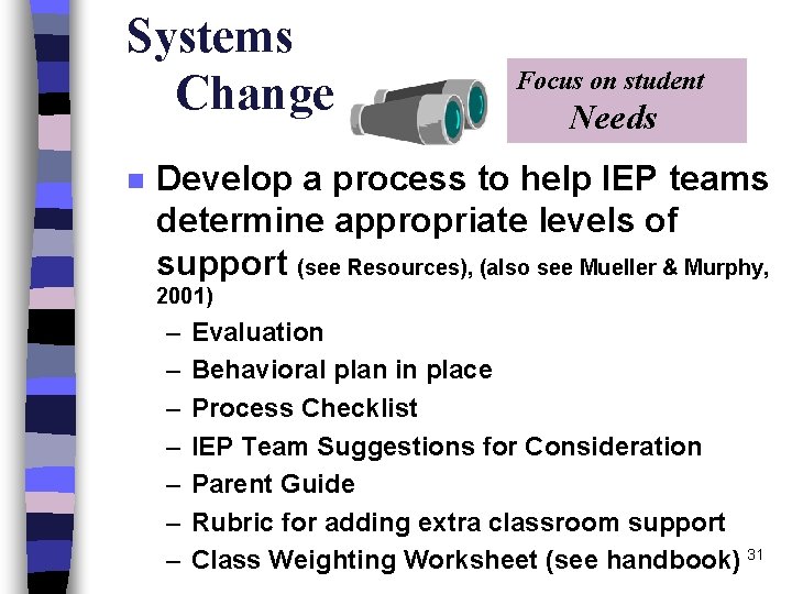 Systems Change n Focus on student Needs Develop a process to help IEP teams