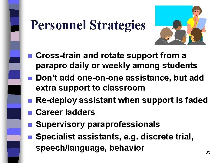 Personnel Strategies n n n Cross-train and rotate support from a parapro daily or