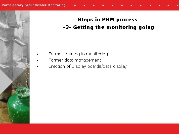 Participatory Groundwater Monitoring Steps in PHM process -3 - Getting the monitoring going §