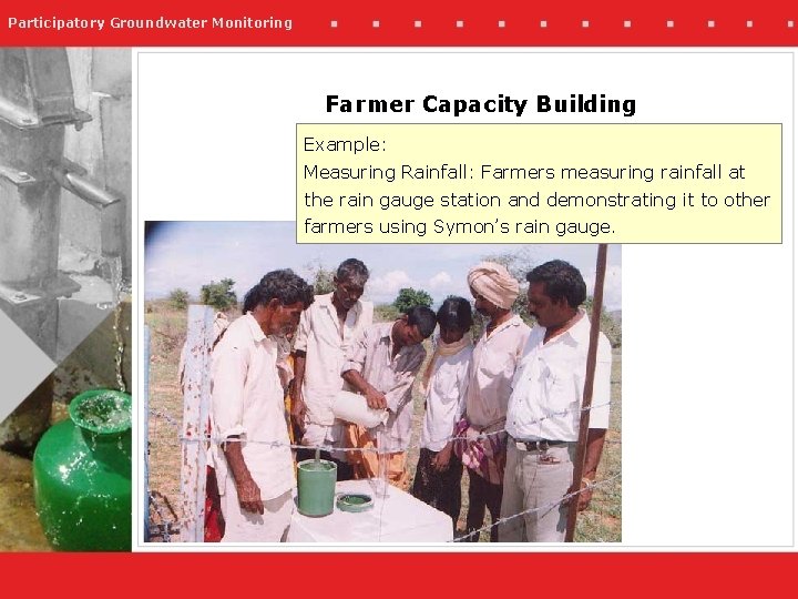 Participatory Groundwater Monitoring Farmer Capacity Building Example: Measuring Rainfall: Farmers measuring rainfall at the