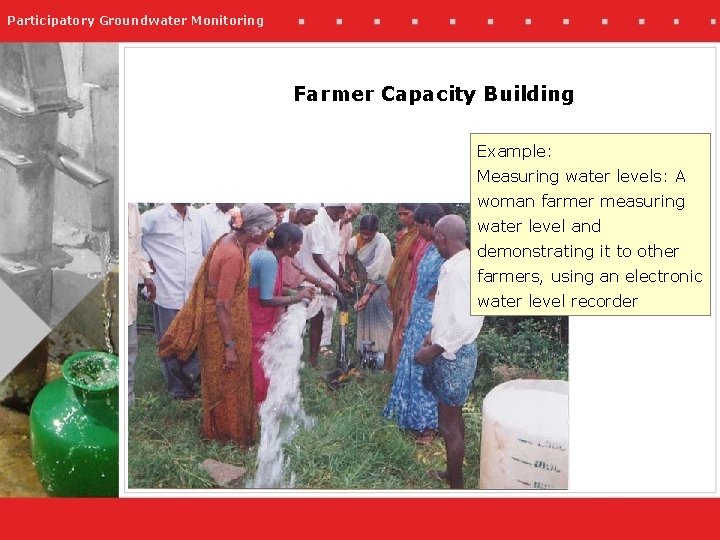 Participatory Groundwater Monitoring Farmer Capacity Building Example: Measuring water levels: A woman farmer measuring