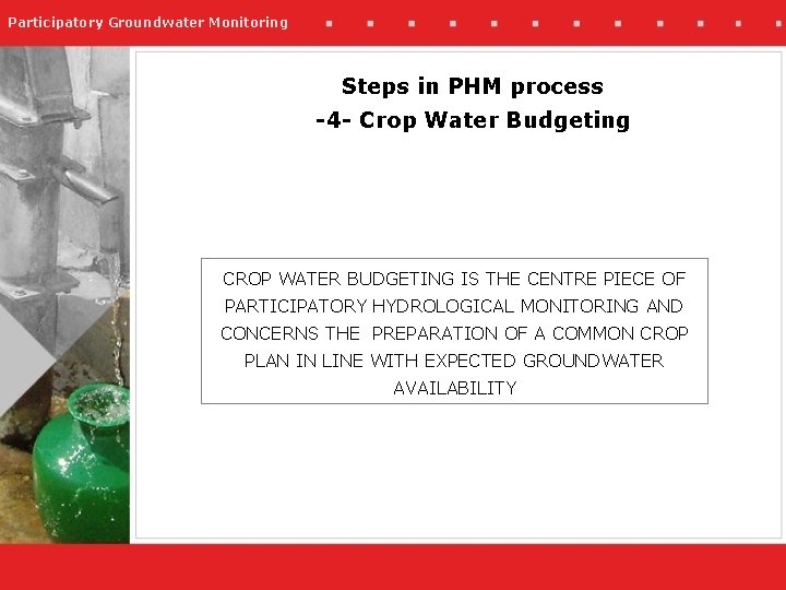 Participatory Groundwater Monitoring Steps in PHM process -4 - Crop Water Budgeting CROP WATER