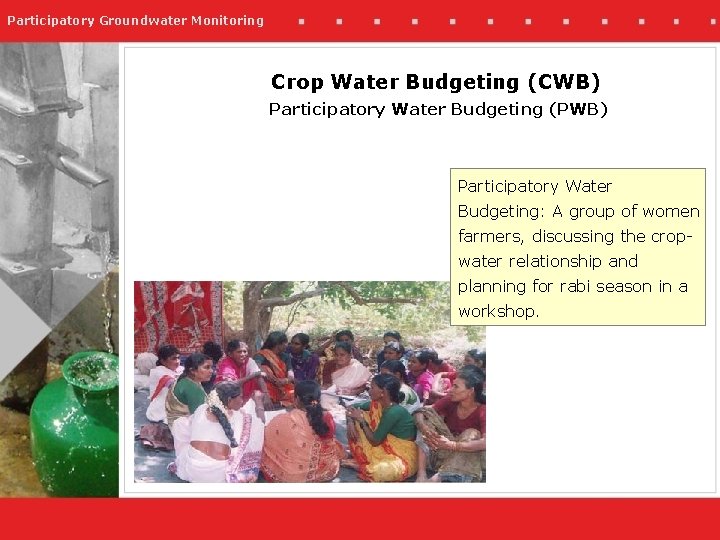 Participatory Groundwater Monitoring Crop Water Budgeting (CWB) Participatory Water Budgeting (PWB) Participatory Water Budgeting: