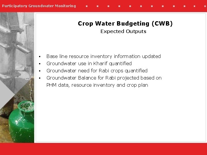 Participatory Groundwater Monitoring Crop Water Budgeting (CWB) Expected Outputs § Base line resource inventory