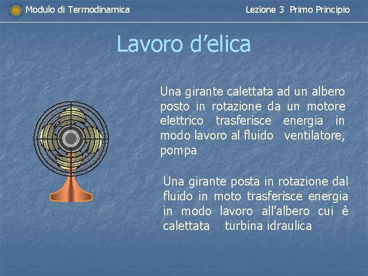 Modulo di Termodinamica Lezione 3 Primo Principio Lavoro d’elica Una girante calettata ad un