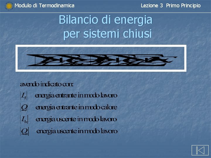 Modulo di Termodinamica Lezione 3 Primo Principio Bilancio di energia per sistemi chiusi 