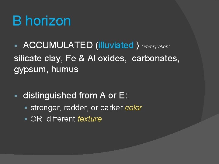 B horizon ACCUMULATED (illuviated ) ”immigration” silicate clay, Fe & Al oxides, carbonates, gypsum,