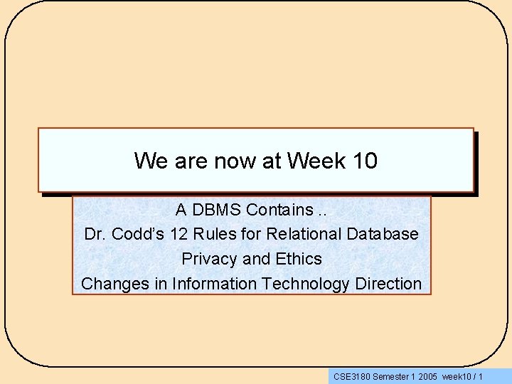 We are now at Week 10 A DBMS Contains. . Dr. Codd’s 12 Rules