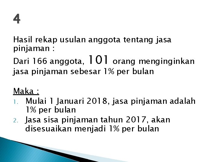 4 Hasil rekap usulan anggota tentang jasa pinjaman : Dari 166 anggota, 101 orang