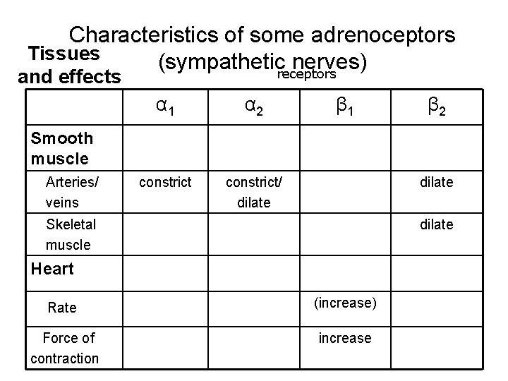 Characteristics of some adrenoceptors Tissues (sympatheticreceptors nerves) and effects α 1 α 2 constrict/ Characteristics of some adrenoceptors Tissues (sympatheticreceptors nerves) and effects α 1 α 2 constrict/