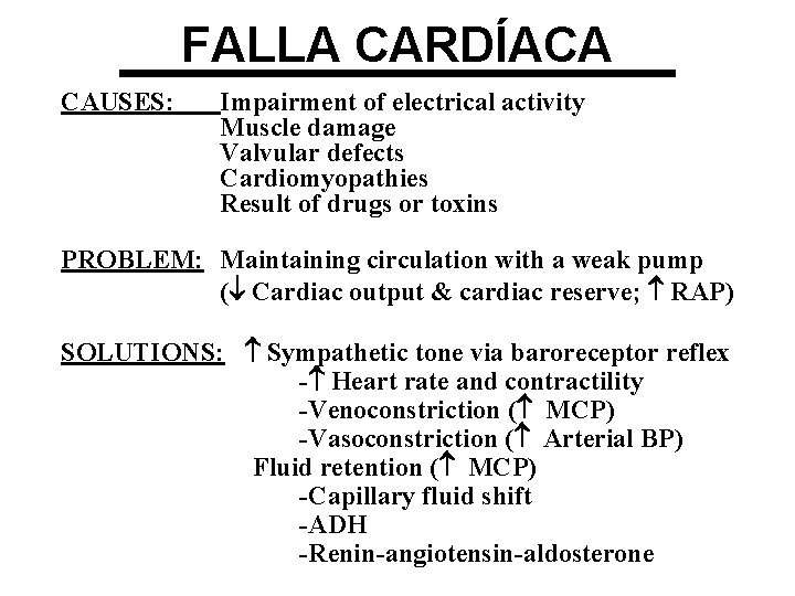 FALLA CARDÍACA CAUSES: Impairment of electrical activity Muscle damage Valvular defects Cardiomyopathies Result of