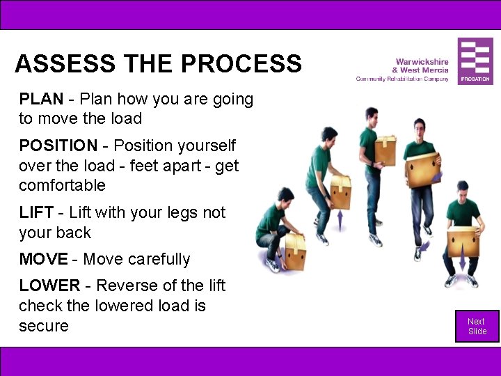 ASSESS THE PROCESS PLAN - Plan how you are going to move the load