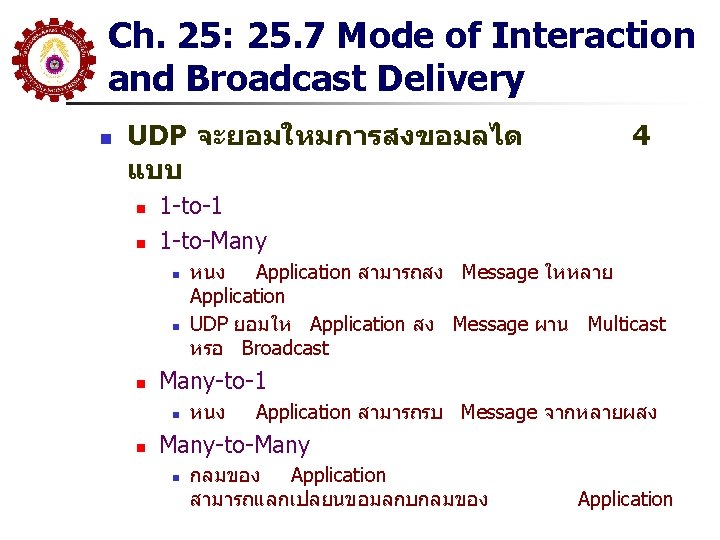 Ch. 25: 25. 7 Mode of Interaction and Broadcast Delivery n UDP จะยอมใหมการสงขอมลได แบบ Ch. 25: 25. 7 Mode of Interaction and Broadcast Delivery n UDP จะยอมใหมการสงขอมลได แบบ