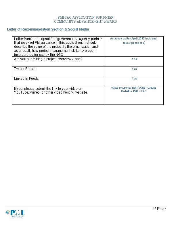 PMI SAC APPLICATION FOR PMIEF COMMUNITY ADVANCEMENT AWARD Letter of Recommendation Section & Social PMI SAC APPLICATION FOR PMIEF COMMUNITY ADVANCEMENT AWARD Letter of Recommendation Section & Social