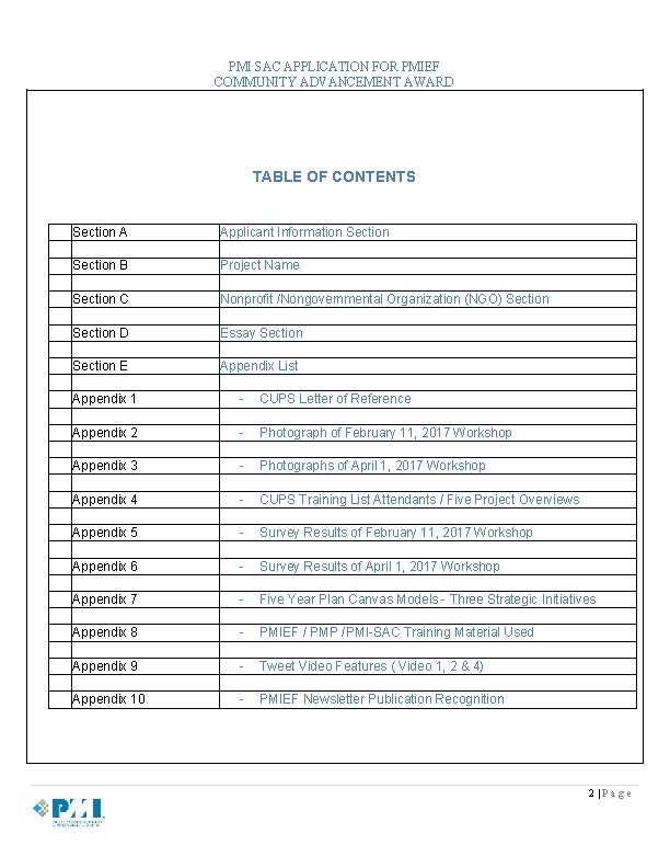 PMI SAC APPLICATION FOR PMIEF COMMUNITY ADVANCEMENT AWARD TABLE OF CONTENTS Section A Applicant PMI SAC APPLICATION FOR PMIEF COMMUNITY ADVANCEMENT AWARD TABLE OF CONTENTS Section A Applicant