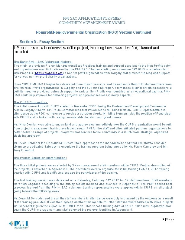 PMI SAC APPLICATION FOR PMIEF COMMUNITY ADVANCEMENT AWARD Nonprofit/Nongovernmental Organization (NGO) Section Continued Section PMI SAC APPLICATION FOR PMIEF COMMUNITY ADVANCEMENT AWARD Nonprofit/Nongovernmental Organization (NGO) Section Continued Section