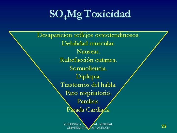 SO 4 Mg Toxicidad Desaparicion reflejos osteotendinosos. Debilidad muscular. Nauseas. Rubefacción cutanea. Somnoliencia. Diplopia.