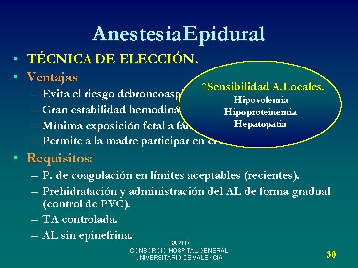 Anestesia Epidural. • TÉCNICA DE ELECCIÓN. • Ventajas – – ↑Sensibilidad A. Locales. Evita