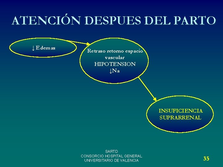 ATENCIÓN DESPUES DEL PARTO ↓ Edemas Retraso retorno espacio vascular HIPOTENSION ↓Na INSUFICIENCIA SUPRARRENAL