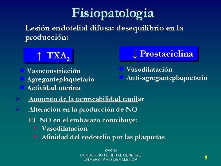 Fisiopatologia Lesión endotelial difusa: desequilibrio en la producción: ↑ TXA 2 ↓ Prostaciclina l