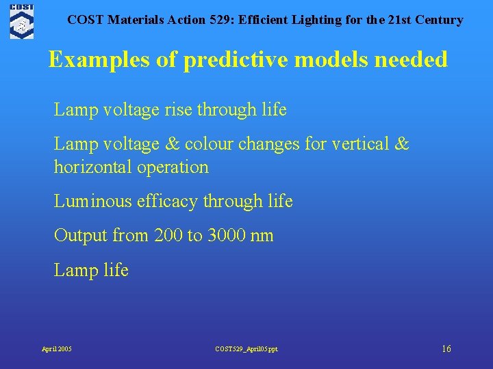 COST Materials Action 529: Efficient Lighting for the 21 st Century Examples of predictive