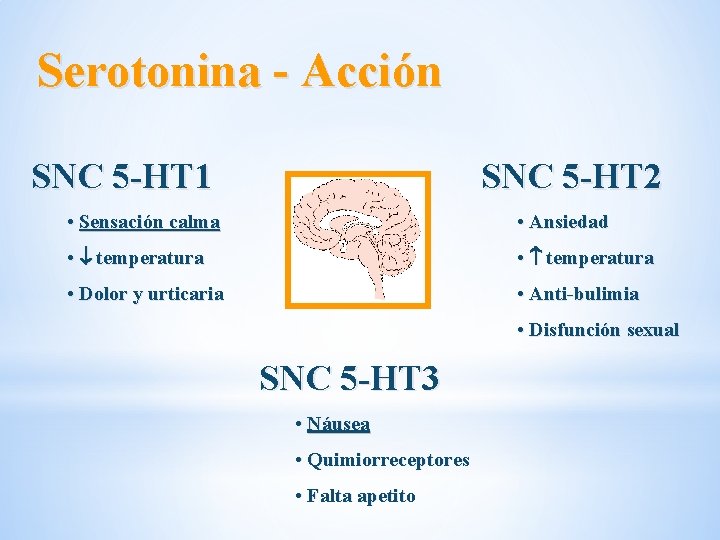 Serotonina - Acción SNC 5 -HT 1 SNC 5 -HT 2 • Sensación calma Serotonina - Acción SNC 5 -HT 1 SNC 5 -HT 2 • Sensación calma