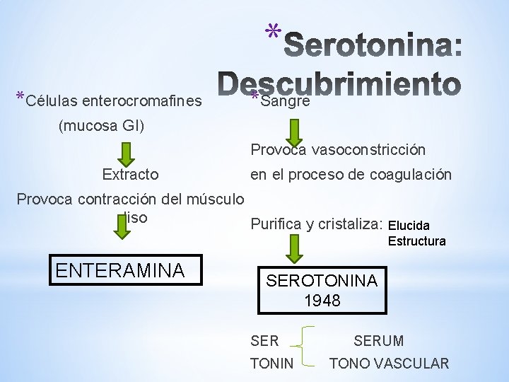 * *Células enterocromafines *Sangre (mucosa GI) Provoca vasoconstricción Extracto en el proceso de coagulación * *Células enterocromafines *Sangre (mucosa GI) Provoca vasoconstricción Extracto en el proceso de coagulación