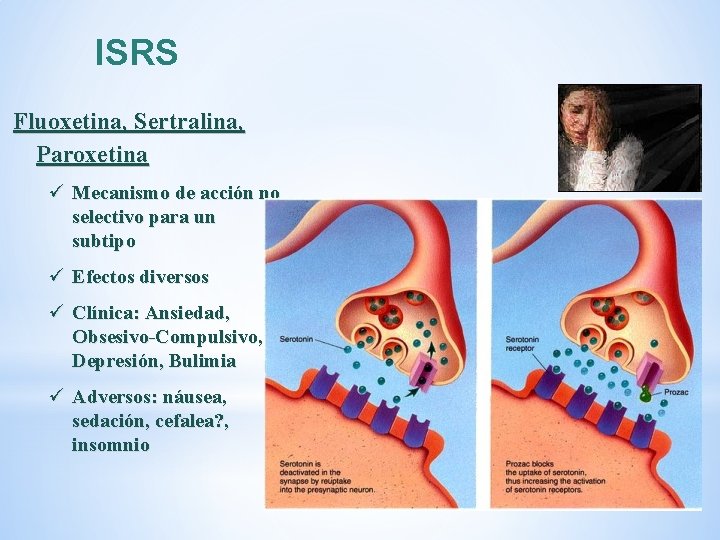 ISRS Fluoxetina, Sertralina, Paroxetina ü Mecanismo de acción no selectivo para un subtipo ü ISRS Fluoxetina, Sertralina, Paroxetina ü Mecanismo de acción no selectivo para un subtipo ü
