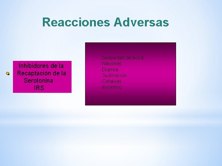 Reacciones Adversas Inhibidores de la Recaptación de la Serotonina IRS -Sequedad de boca. -Náuseas. Reacciones Adversas Inhibidores de la Recaptación de la Serotonina IRS -Sequedad de boca. -Náuseas.