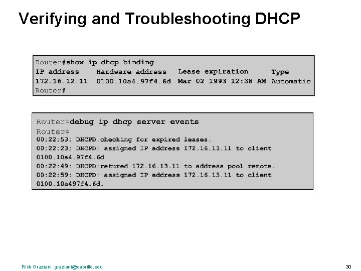 Verifying and Troubleshooting DHCP Rick Graziani graziani@cabrillo. edu 30 