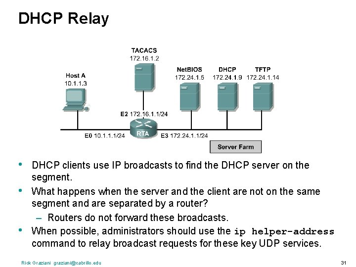 DHCP Relay • • • DHCP clients use IP broadcasts to find the DHCP