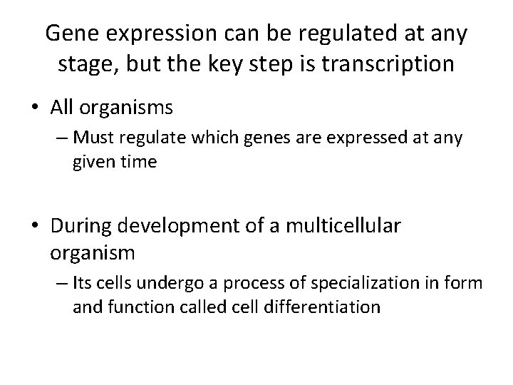 Gene expression can be regulated at any stage, but the key step is transcription