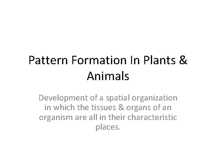 Pattern Formation In Plants & Animals Development of a spatial organization in which the