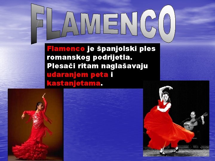 Flamenco je španjolski ples romanskog podrijetla. Plesači ritam naglašavaju udaranjem peta i kastanjetama. 
